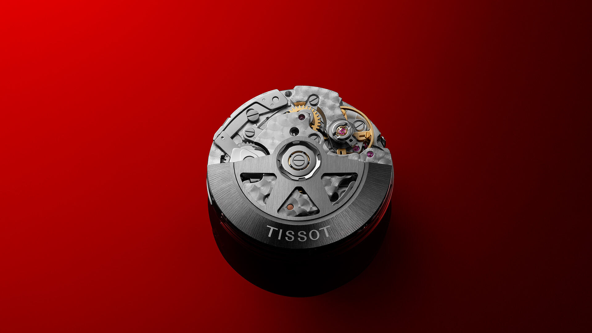 Tissot automatic movement on red background