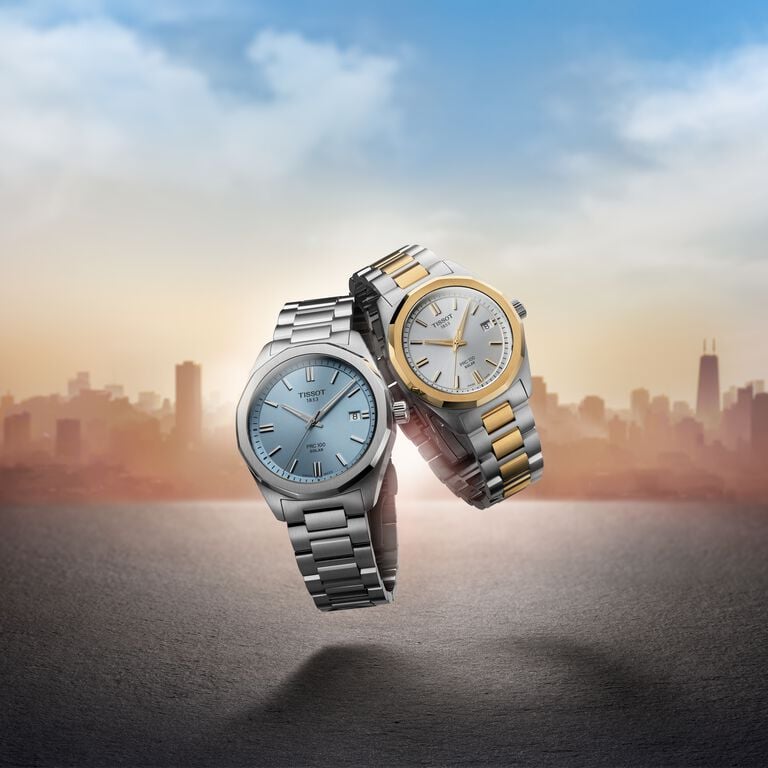 Tissot PRC 100 Solar watch standing aginst a city skyline