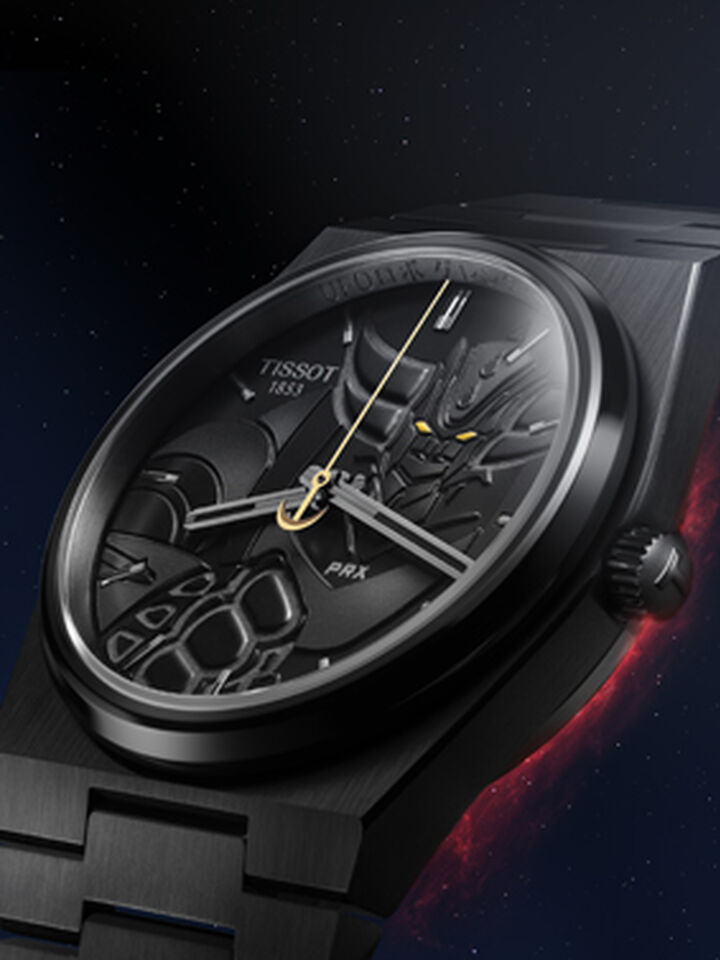 Close-up of the dial on the Tissot PRX UFO Robot Grendizer 50th Anniversary 40mm