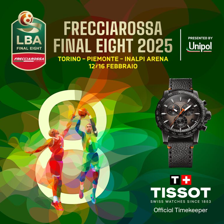 Orologio Tissot Supersport Chrono con quadrante nero testurizzato, numeri audaci e cinturino in pelle nera con cuciture rosse, su uno sfondo sfumato blu intenso con illuminazione e ombre drammatiche.