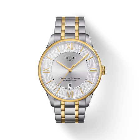 มุมมองด้านหน้าของนาฬิกา Tissot Chemin des Tourelles Powermatic 80 พร้อมเงา