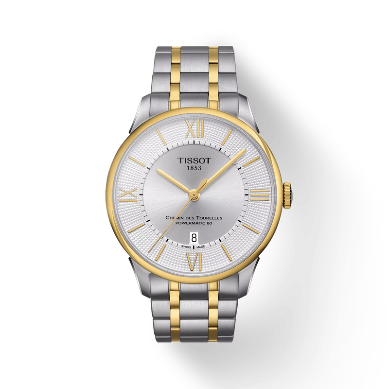 มุมมองด้านหน้าของนาฬิกา Tissot Chemin des Tourelles Powermatic 80 พร้อมเงา