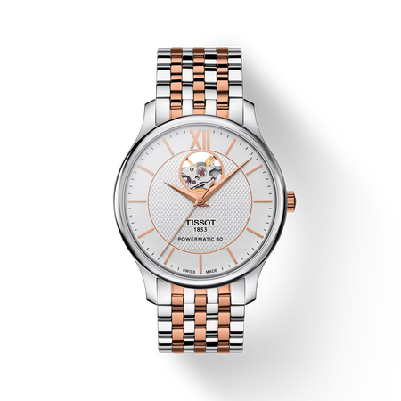 Front view of the watch Tissot Tradition Powermatic 80 Open Heart with shadow
