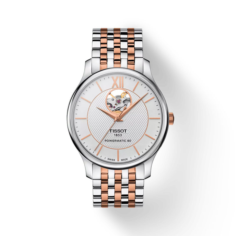 Front view of the watch Tissot Tradition Powermatic 80 Open Heart with shadow