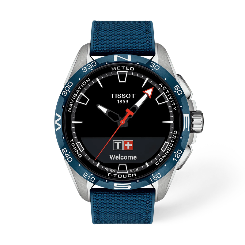 Vue de face de la montre Tissot T-Touch Connect Solar 47.5mm avec ombre
