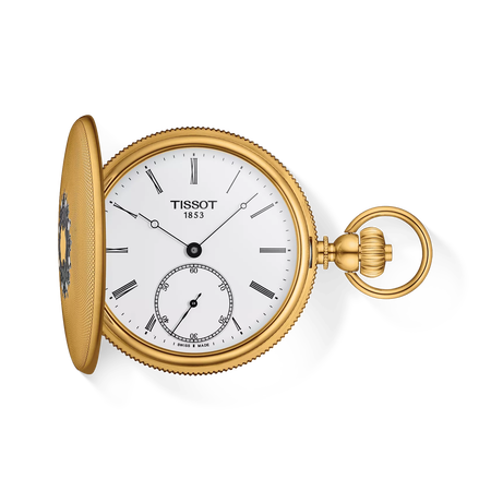 Front view of the watch Tissot Savonnette 48.5mm with shadow