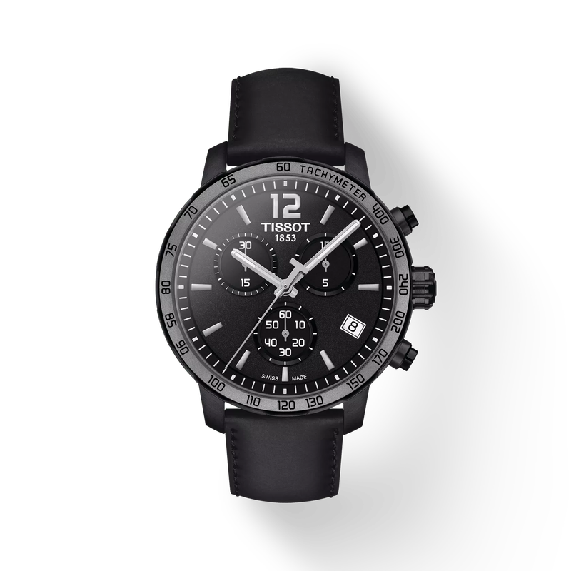 มุมมองด้านหน้าของนาฬิกา Tissot Quickster Chronograph พร้อมเงา