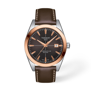 Front view of the watch Tissot Gentleman Gold bezel 40mm with shadow