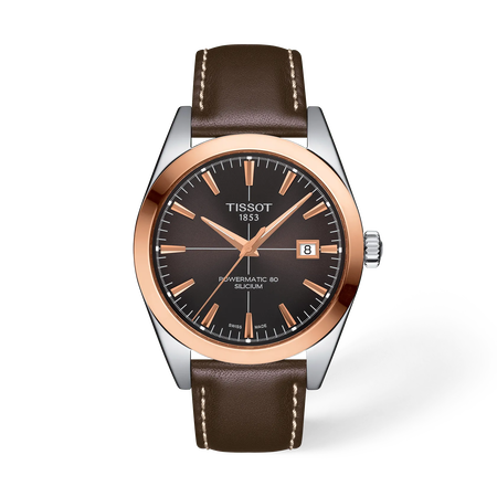 Front view of the watch Tissot Gentleman Gold bezel 40mm with shadow