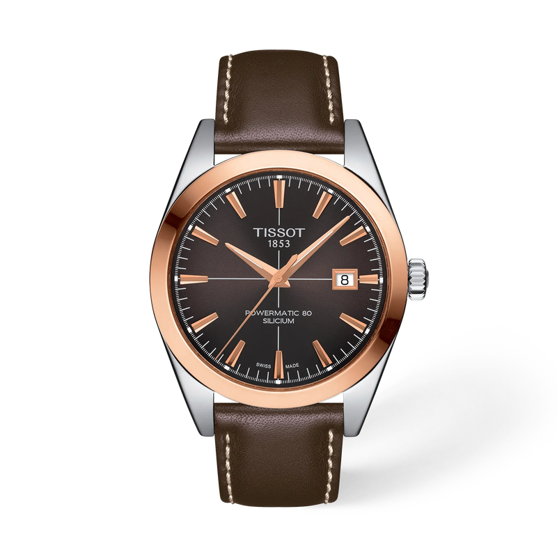 Front view of the watch Tissot Gentleman Gold bezel 40mm with shadow