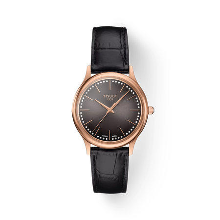 Front view of the watch Tissot Excellence Lady 18K Gold with shadow