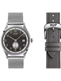 มุมมองด้านหน้าของนาฬิกา Tissot Heritage Small Second 1938 COSC พร้อมสายนาฬิกาเพิ่มเติม