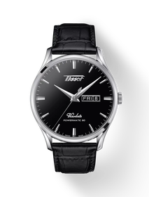 มุมมองด้านหน้าของนาฬิกา Tissot Heritage Visodate Powermatic 80 พร้อมเงา