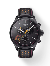 Front view of the watch Tissot Chrono XL NBA Teams Special Cleveland Cavaliers Edition with shadow