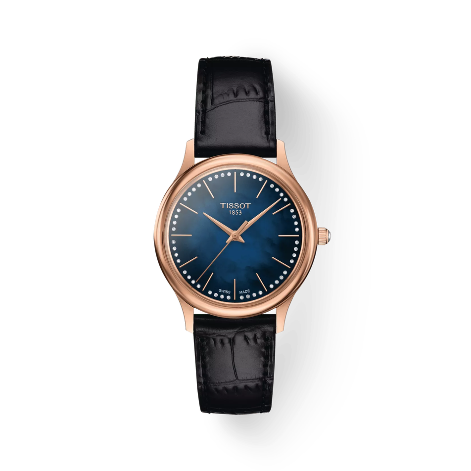 Front view of the watch Tissot Excellence 18K Gold 31.8mm with shadow