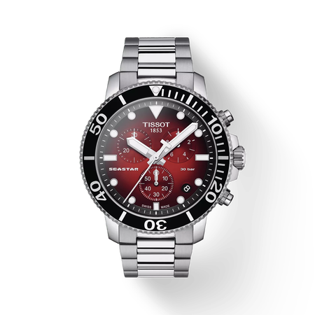 Front view of the watch Tissot Seastar 1000 Quartz Chronograph with shadow