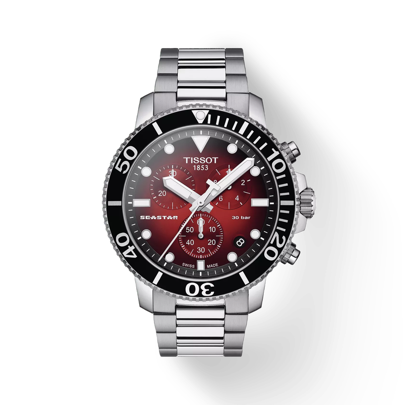 Front view of the watch Tissot Seastar 1000 Quartz Chronograph with shadow