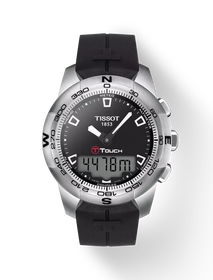 มุมมองด้านหน้าของนาฬิกา Tissot T-Touch II Stainless Steel พร้อมเงา