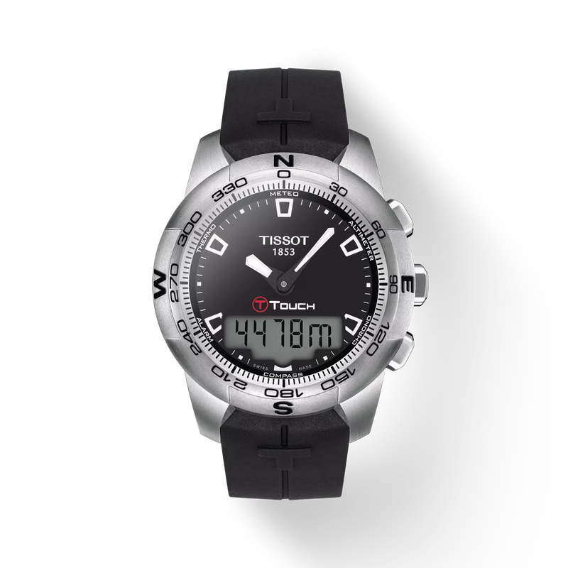 มุมมองด้านหน้าของนาฬิกา Tissot T-Touch II Stainless Steel พร้อมเงา