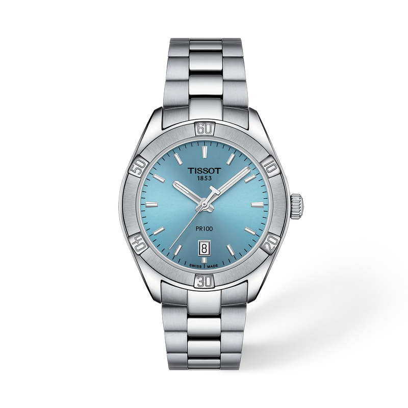 Front view of the watch Tissot PR 100 Sport Chic 36mm with shadow