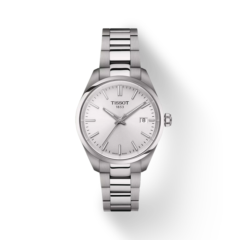 Front view of the watch Tissot PR 100 34mm with shadow