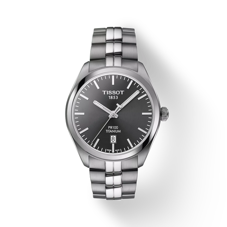 Front view of the watch Tissot PR 100 Titanium Quartz with shadow