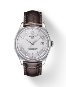 Front view of the watch Tissot Ballade Powermatic 80 COSC with shadow