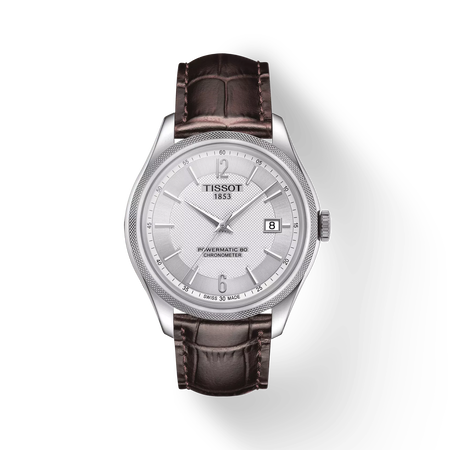 Front view of the watch Tissot Ballade Powermatic 80 COSC with shadow