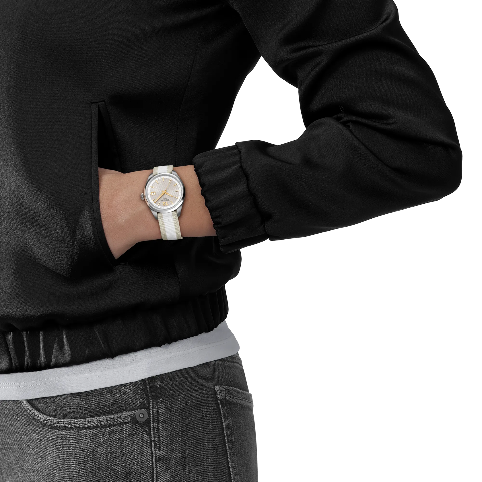 Simulation of the watch Tissot PR 100 34mm on a wrist