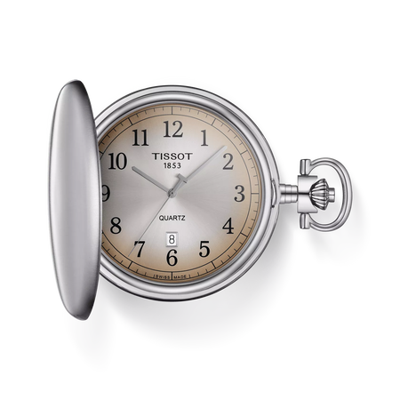 Front view of the watch Tissot Savonnette 48.5mm with shadow