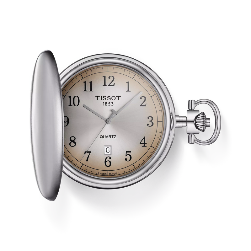 Front view of the watch Tissot Savonnette 48.5mm with shadow