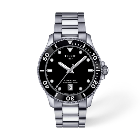 Front view of the watch Tissot Seastar 1000 40mm with shadow