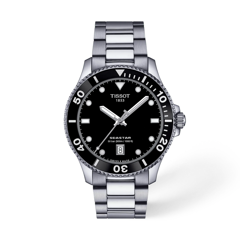 Front view of the watch Tissot Seastar 1000 40mm with shadow