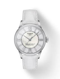 มุมมองด้านหน้าของนาฬิกา Tissot Chemin des Tourelles Powermatic 80 Lady พร้อมเงา