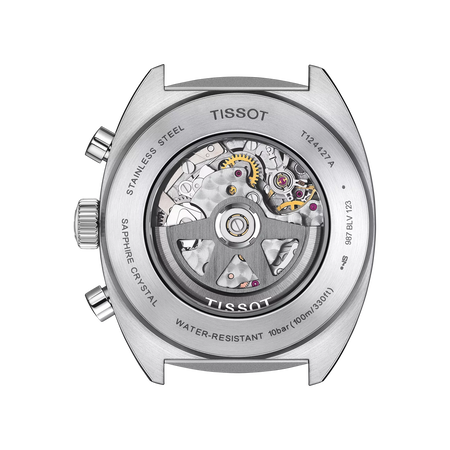 Vista posterior de la caja del reloj Tissot Heritage 1973