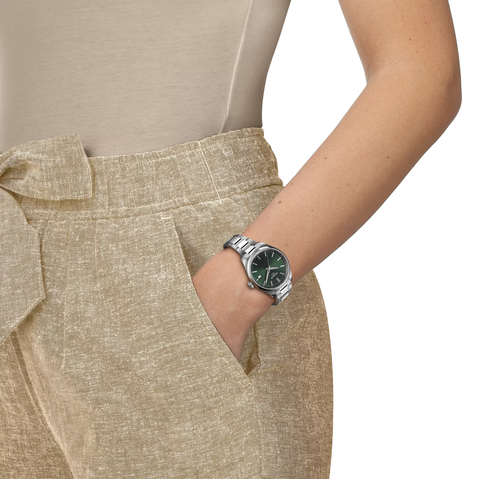 Simulation of the watch Tissot PR 100 34mm on a wrist