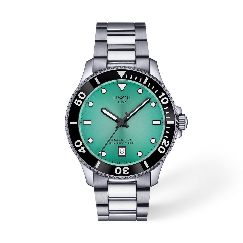 Vorderansicht der Uhr Tissot Seastar 1000 40mm mit Schatten