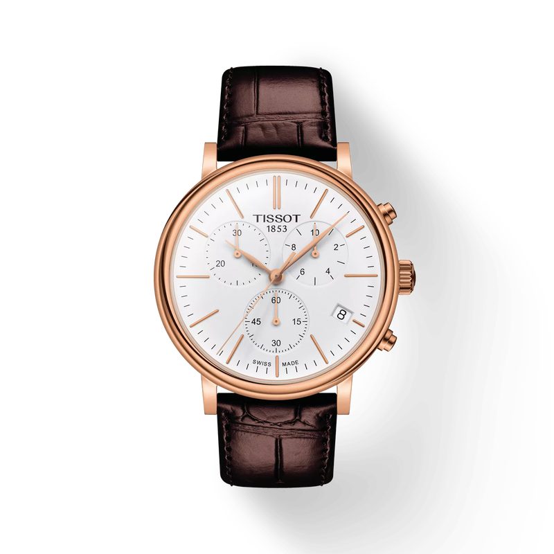 Front view of the watch Tissot Carson Premium Chronograph with shadow