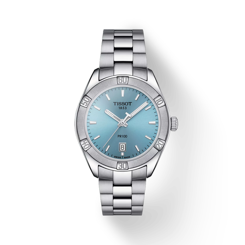 그림자가 있는 티쏘 PR 100 레이디 스포츠 시크 시계의 전면 보기