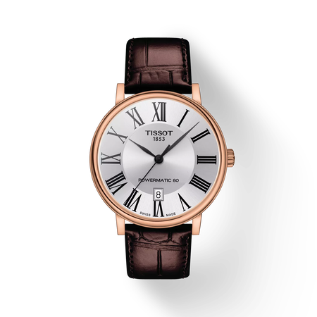 Front view of the watch Tissot Carson Premium Powermatic 80 with shadow