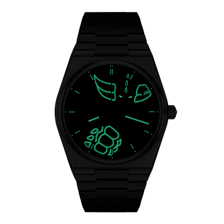 Front view of the watch Tissot PRX UFO Robot Grendizer 50th Anniversary 40mm in night mode