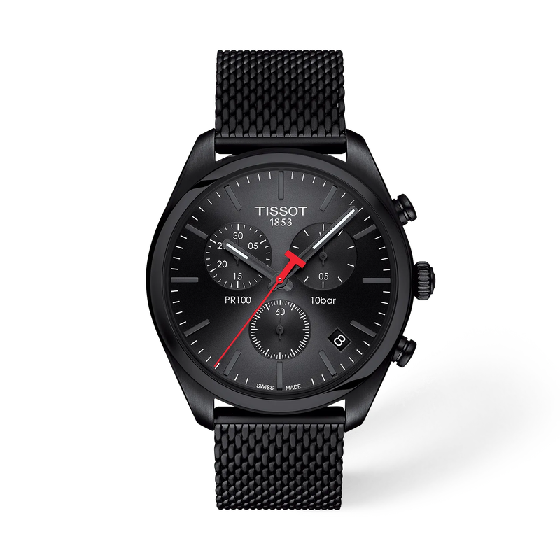 Front view of the watch Tissot PR 100 41mm with shadow