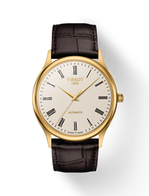 Front view of the watch Tissot Excellence Automatic 18K Gold with shadow