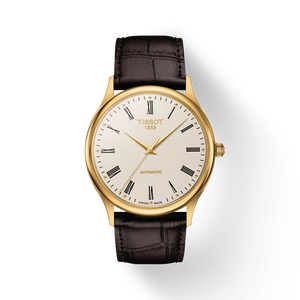 Front view of the watch Tissot Excellence Automatic 18K Gold with shadow