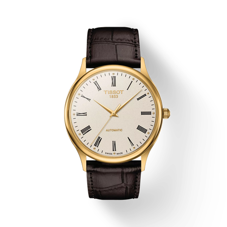 Front view of the watch Tissot Excellence Automatic 18K Gold with shadow