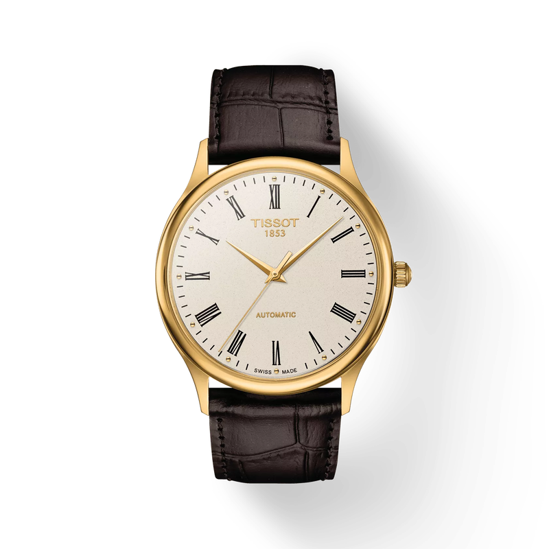 Front view of the watch Tissot Excellence Automatic 18K Gold with shadow