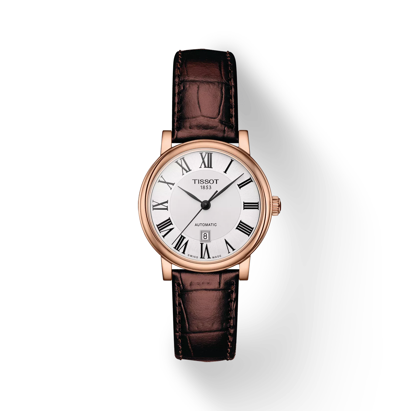 Vue de face de la montre Tissot Carson Premium Automatic lady avec ombre