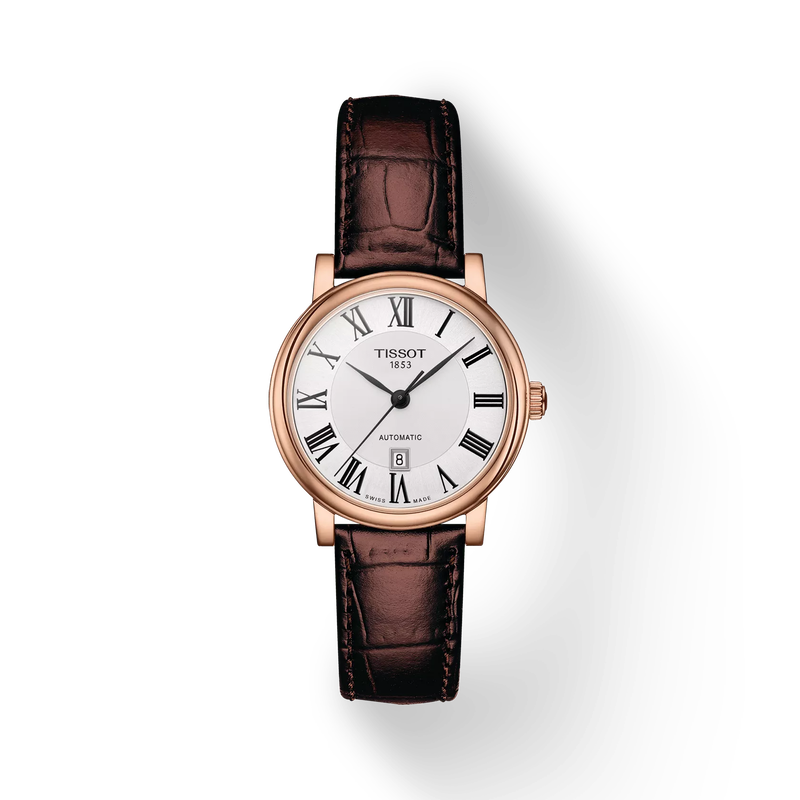 Vue de face de la montre Tissot Carson Premium Automatic lady avec ombre