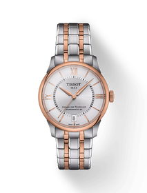 그림자가 있는 티쏘 슈망 데 뚜렐 파워매틱 80 34 mm 시계의 전면 보기