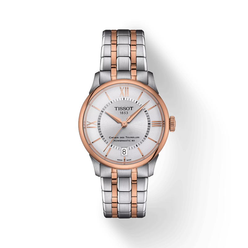 그림자가 있는 티쏘 슈망 데 뚜렐 파워매틱 80 34 mm 시계의 전면 보기